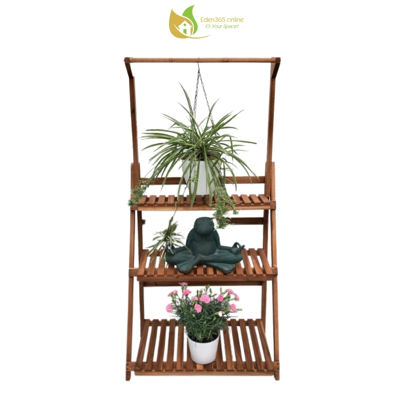 Kệ gỗ 3 tầng, kệ trang trí có thanh treo tăng đơ, trang trí ban công, sân vườn chất liệu gỗ tràm chuyên dùng ngoài trời - Eden