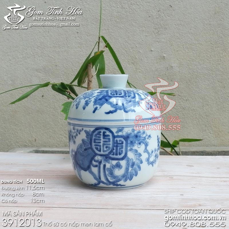 Thố chưng yến gốm Bát Tràng men lam cổ vẽ mai thọ