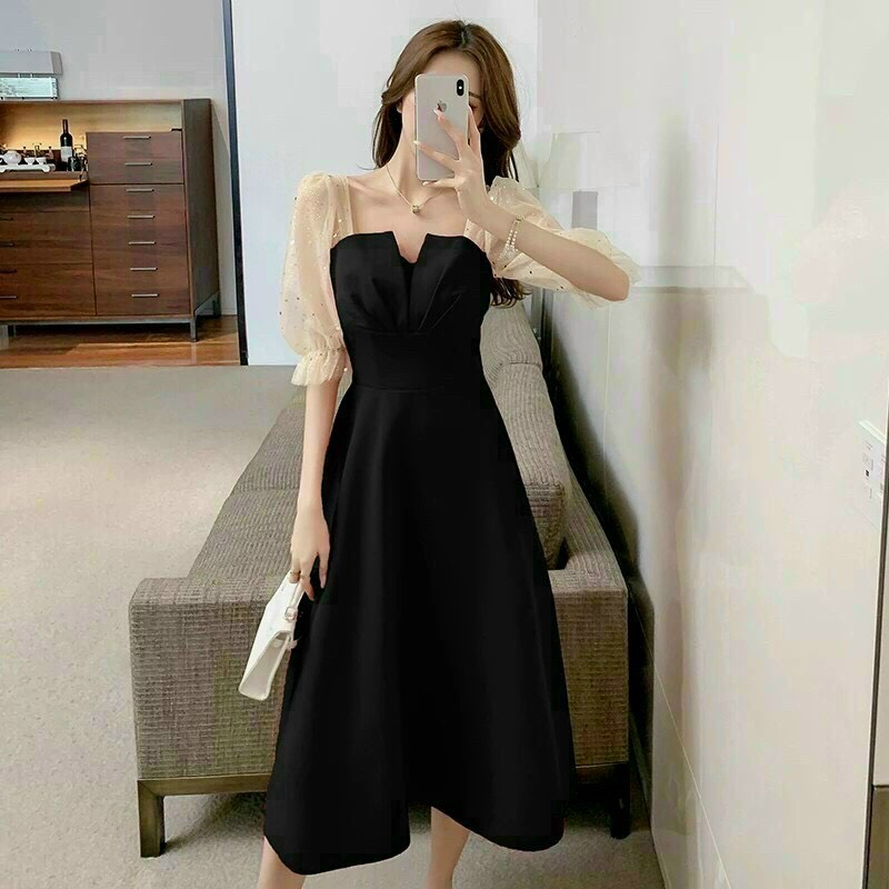 Đầm Dự Tiệc Cổ Vuông Tay Phồng, Đầm Nữ Dạ Hội Phong Cách Tiểu Thư Xếp Ly Ngực Tay Phối Lưới Có Mút Ngực Phù Hợp Mọi Phòng Cách