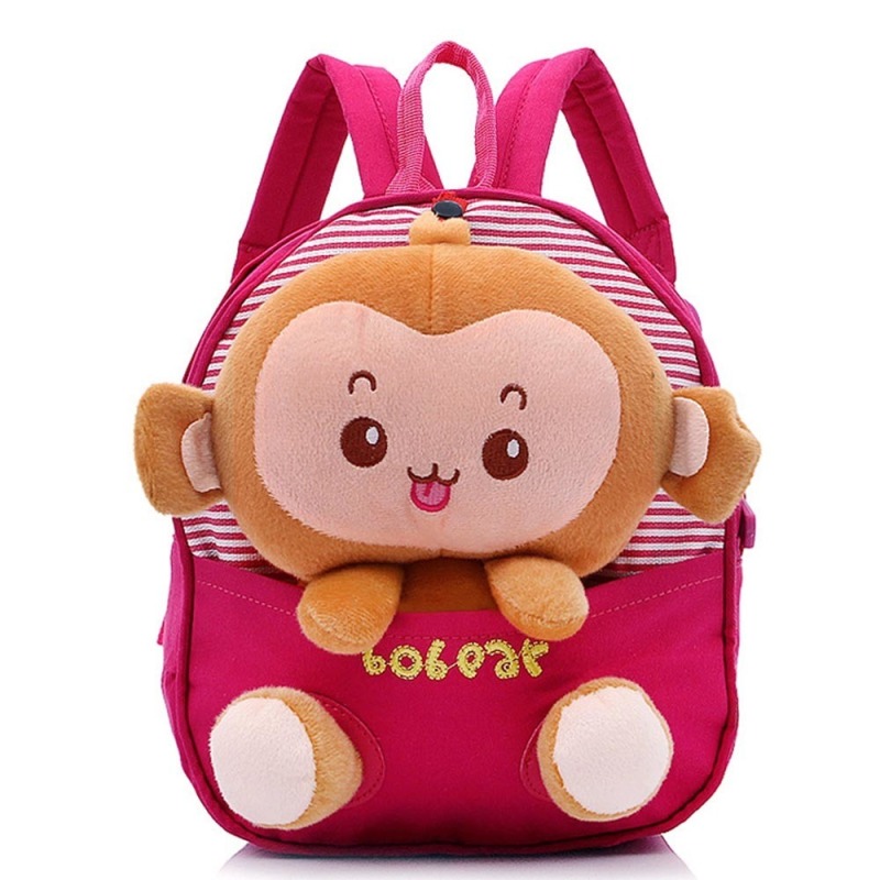 Kids Boys Girls Cartoon Monkey Shape Canvas School Bag Red