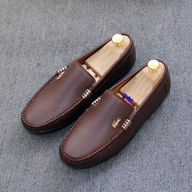 Minh Nhân- Giày Lười Nam Chất Liệu Da Bò Mềm Mại Đế Cao Su Khâu Chỉ Dù Siêu Êm Chân Giày da bò dành cho lái xe, tài xế Giày đế bệt đơn giản thương hiệu sang trọng giá rẻ M-5 màu nâu