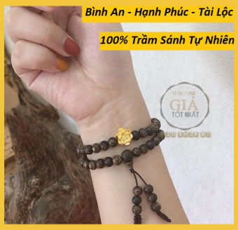 QUÀ TẶNG CAO CẤP CHO NỮ, Chuỗi vòng đeo tay trầm hương sánh chìm 54 hạt mix Charm Hoa Sen Vàng. Kèm hộp đựng