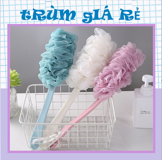 Cây cọ lưng tắm bông tắm cán dài - bàn chải chà lưng tạo bọt có cán siêu tiên lợi