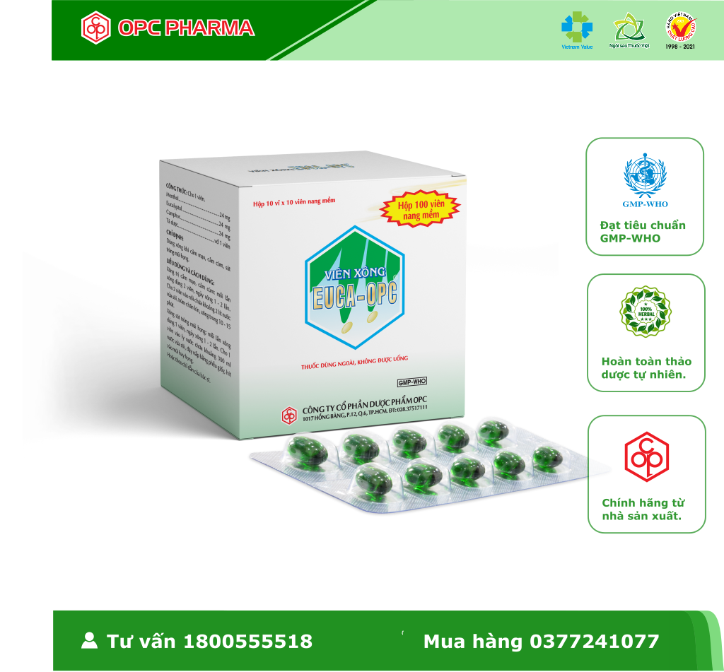 VIÊN XÔNG EUCA OPC - Dùng xông khi cảm mạo, sát trùng mũi họng - Hàng chính hãng OPC