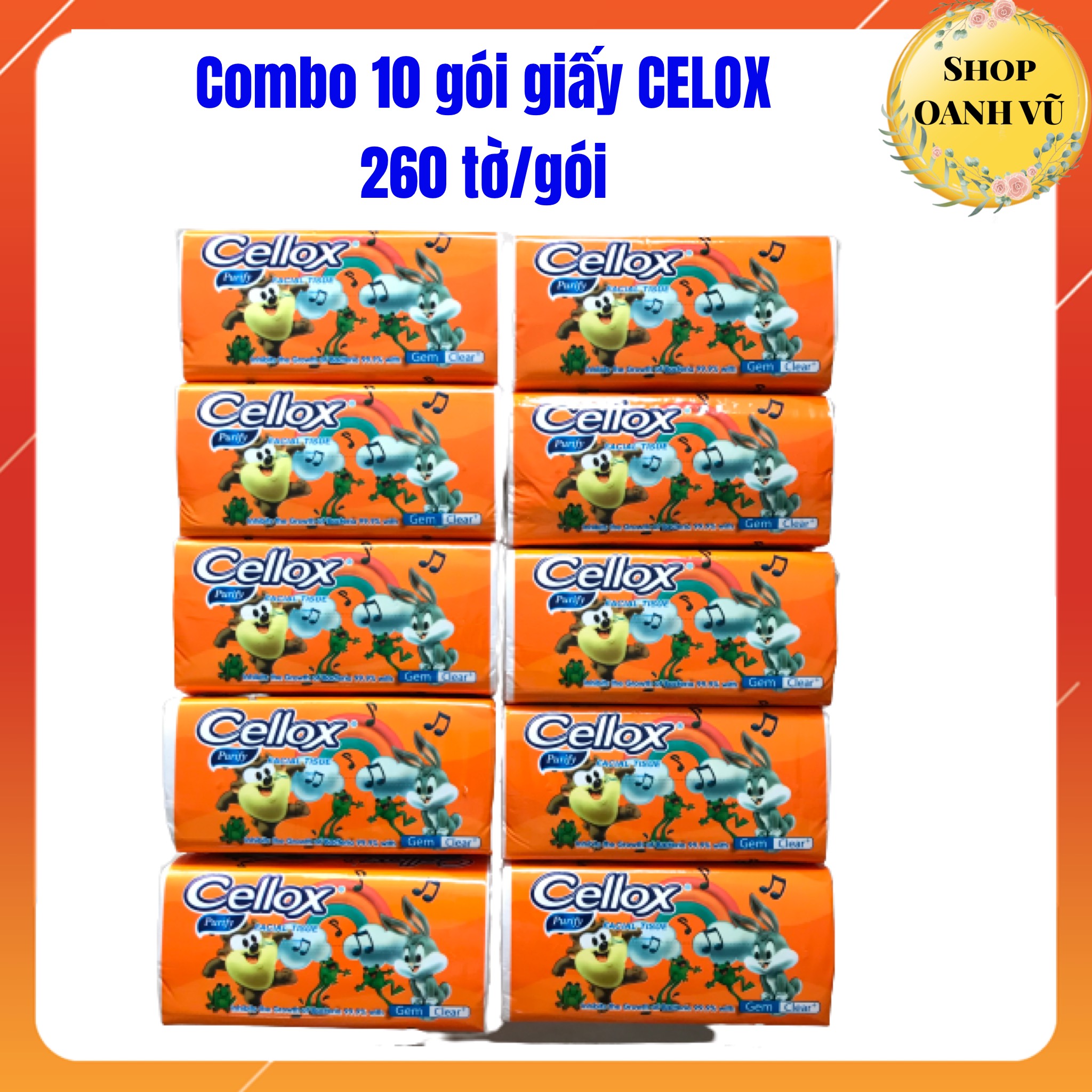 Combo 10 bịch khăn giấy rút lụa cellox 260 tờ/gói siêu dai mịn - oanh vũ