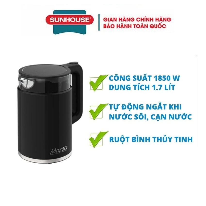 Ấm đun nước siêu tốc SUNHOUSE 1.7L Tự động tắt khi sôi hoặc trào nước trong lúc đun an toàn với sức khoẻ kiểu bình thuỷ tinh nhựa xnox đun nước siêu tốc