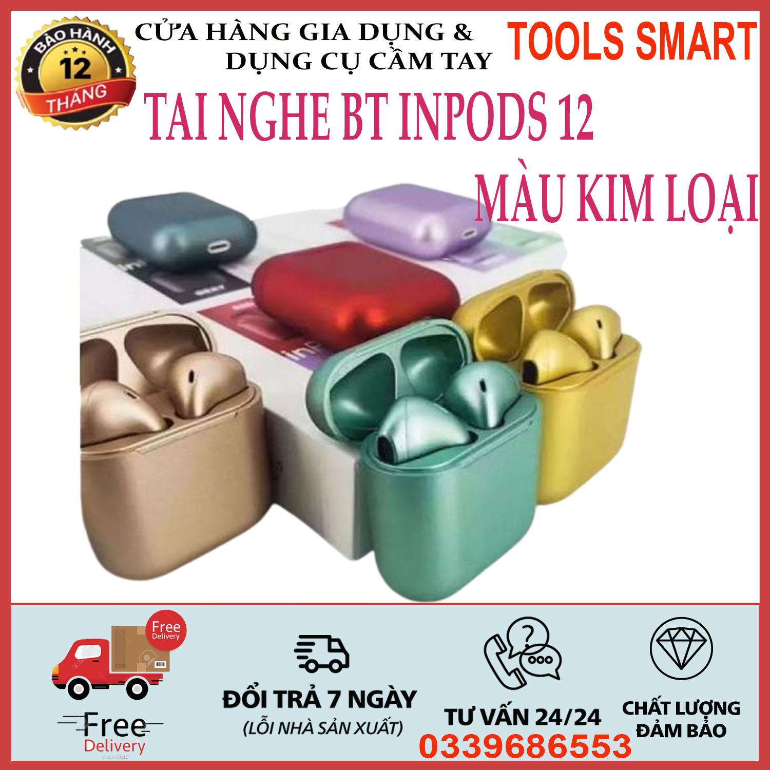 Tai nghe bluetooth inpods 12 nhiều màu kim loại sơn tĩnh điện mẫu mới cảm ứng , tai nghe bluetooth i12 in pods , tai nghe bt thiết kế tinh tế , đẹp mắt bảo hành 12 tháng