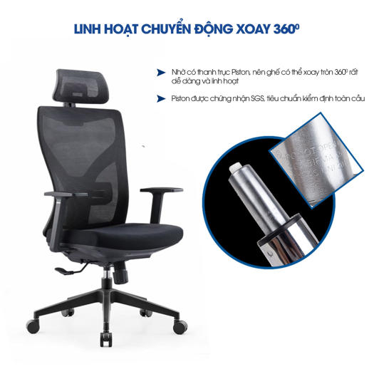 Ghế xoay văn phòng công thái học GOVI Ryan R02TD - Thiết kế tựa đầu điều chỉnh độ cao, tựa tay cố định, mâm ghế ngả sau, khóa ngả 1 vị trí