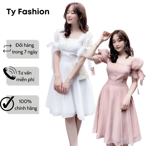 Đầm tiểu thư cổ vuông ty fashion tay phồng thắt nơ dáng xoè đính nút duyên dáng