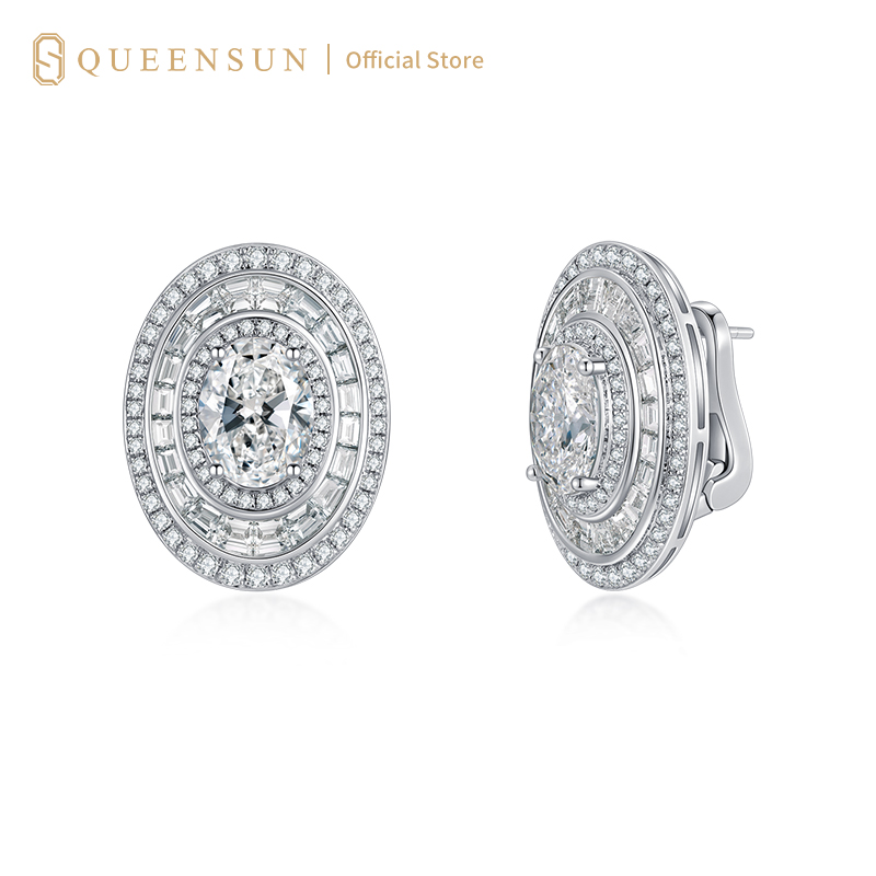 Queensun Platinum 4 Carats Lab Diamond Oval Multi-Halo Full Diamond Stud Earrings | Lab Diamond Multi-Ring Studs | Full Diamond Oval Earrings | Minimalist Luxury Halo Earrings | Daily Wear Sparkling Studs | 18K金培育钻石椭圆多层围镶满钻耳钉