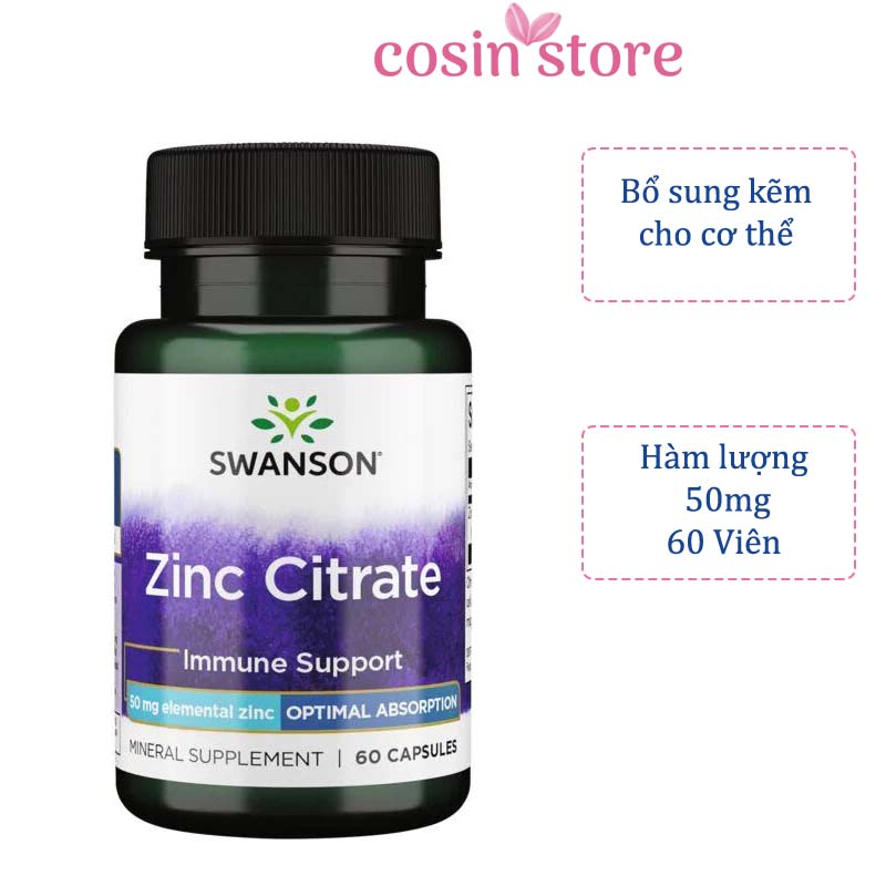 Viên Uống Bổ Sung Kẽm Swanson Zinc Citrate 50mg 60 viên hỗ trợ tăng đề