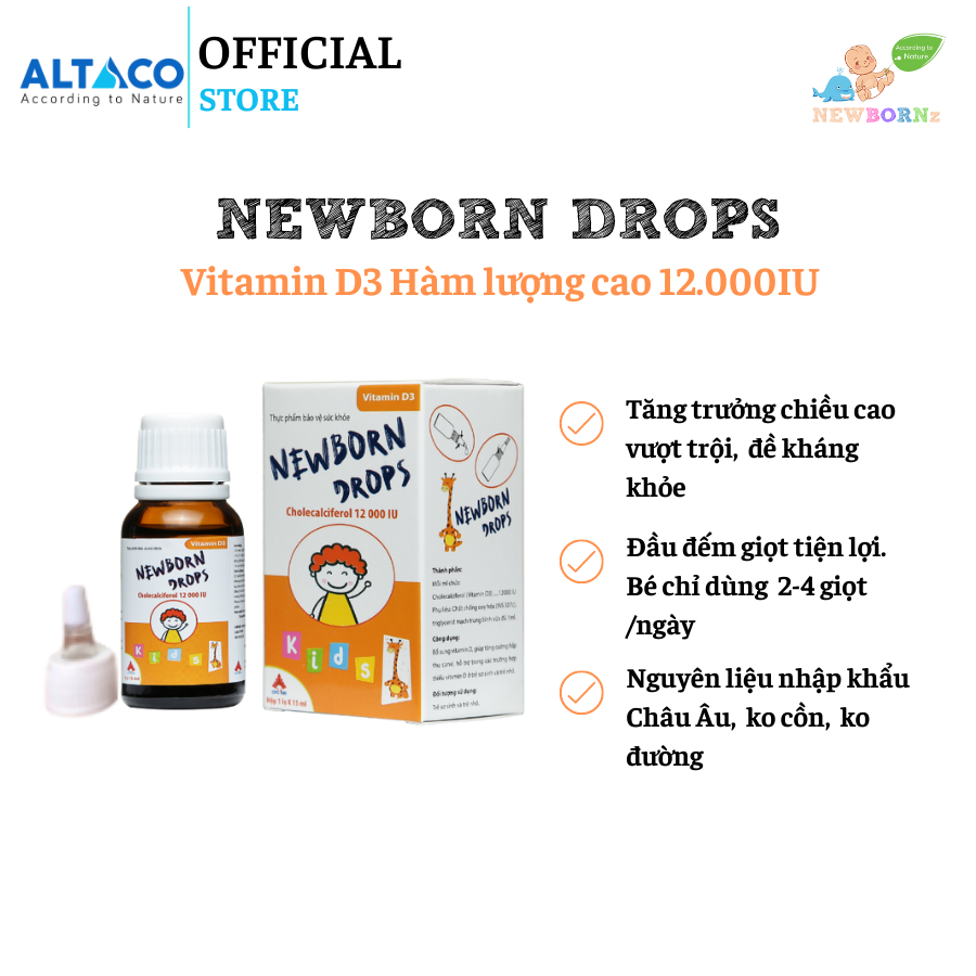 Vitamin D3 Newborn Dropsdạng nhỏ giọt cho bé - Nguyên liệu Nhập khẩu Châu Âu, Hạn chế còi xương, chiều cao vượt trội