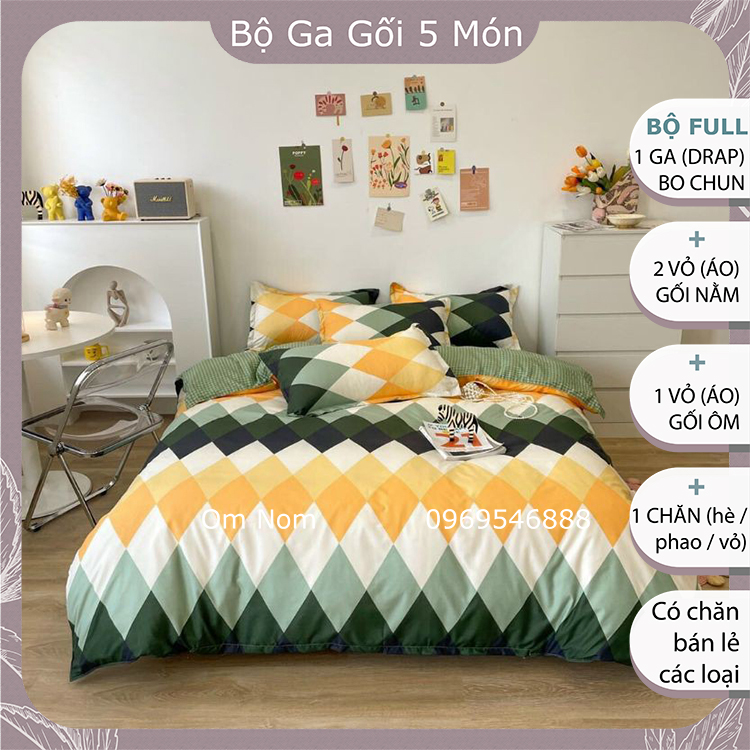 Bộ chăn ga gối 5 MÓN đẹp Hàn Quốc chất cotton poly: 1 drap giường + 2 vỏ gối + 1 vỏ ôm + 1 chăn, họa tiết SÓNG XANH hình quả trám mẫu mới trend