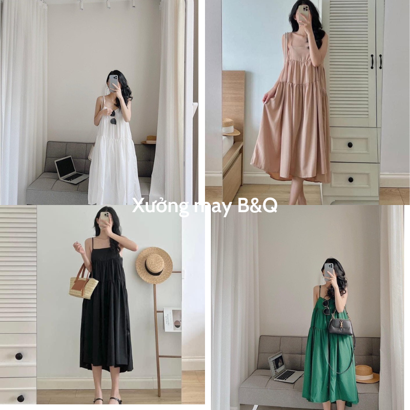 Đầm 2 dây dáng dài hở lưng trơn dây tết cách điệu nhiều màu mặc đi chơi đi biển cực đẹp XƯỞNG MAY B&Q
