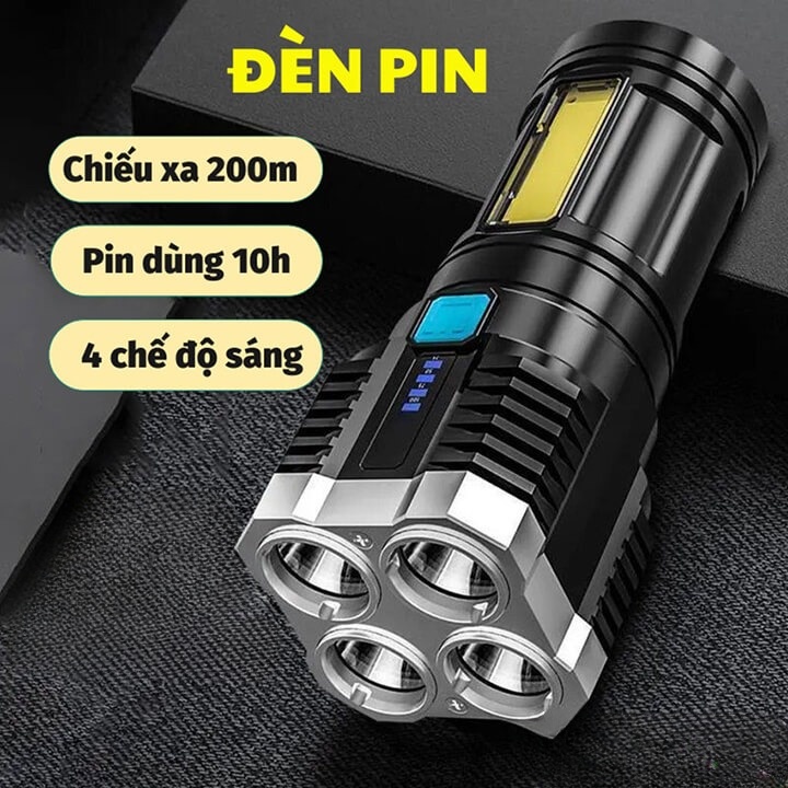 Đèn pin siêu sáng 4 bóng, đèn pin mini cod 4 chế độ sáng chống thấm nước cao cấp