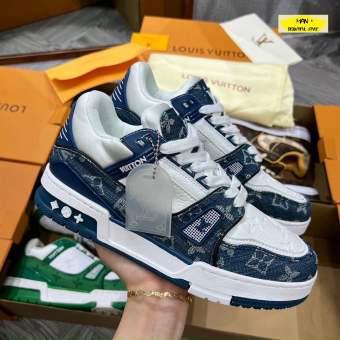 Giày Louis Vuitton LV Trainer Monogram Denim White Blue màu xanh trắng, giày LV nam nữ siêu chất hot hit 2022