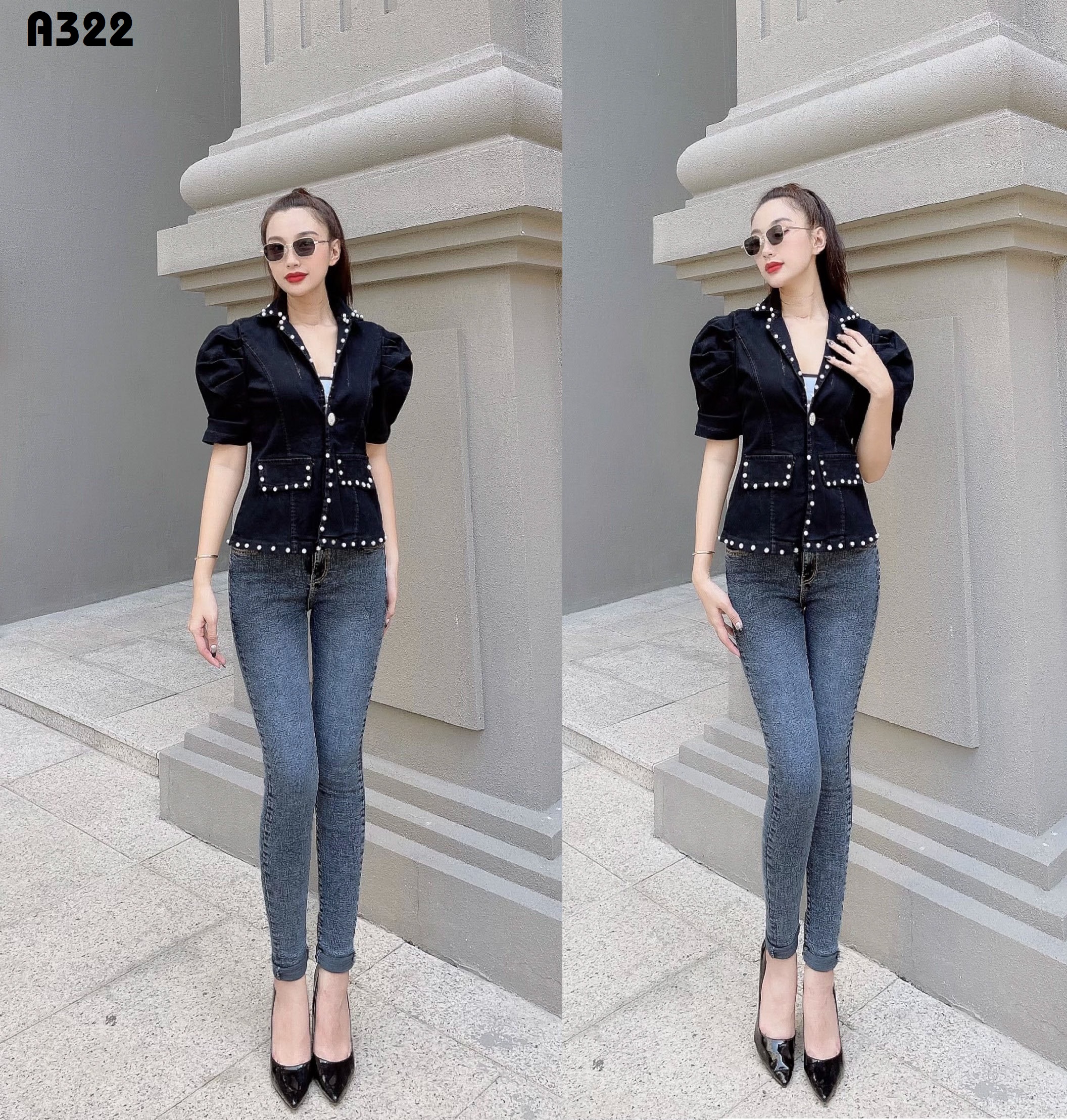 Áo khoác jean đính ngọc 2 túi giả chất co giãn A322
