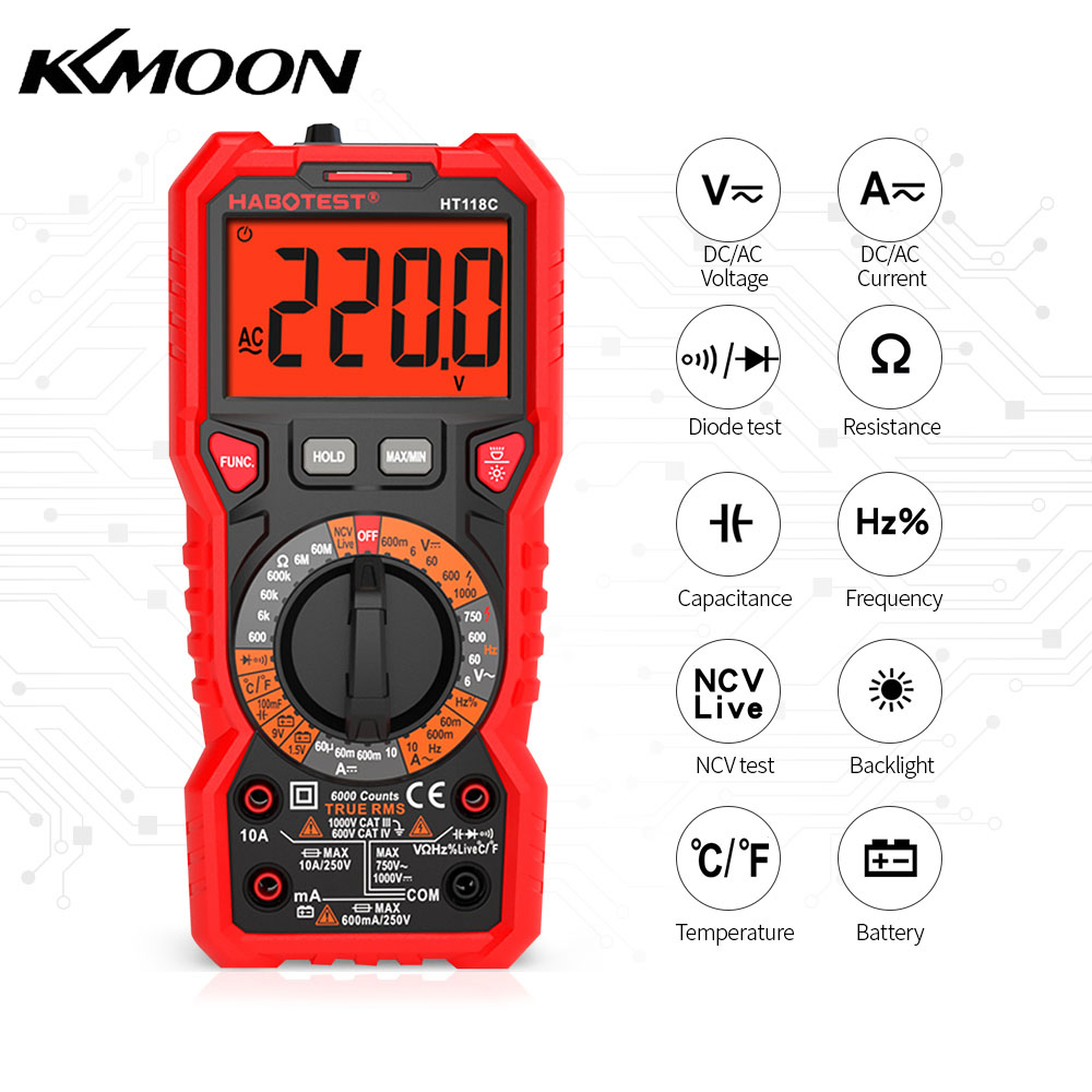 Đồng hồ vạn năng kỹ thuật số kkmoon habotest ht118c, phạm vi thủ công đa mét đếm 6000 rms thật đo dòng điện điện áp ac/dc điện trở nhiệt độ tần số điện dung điốt kiểm tra ncv kiểm tra pin với đèn pin đèn nền lcd