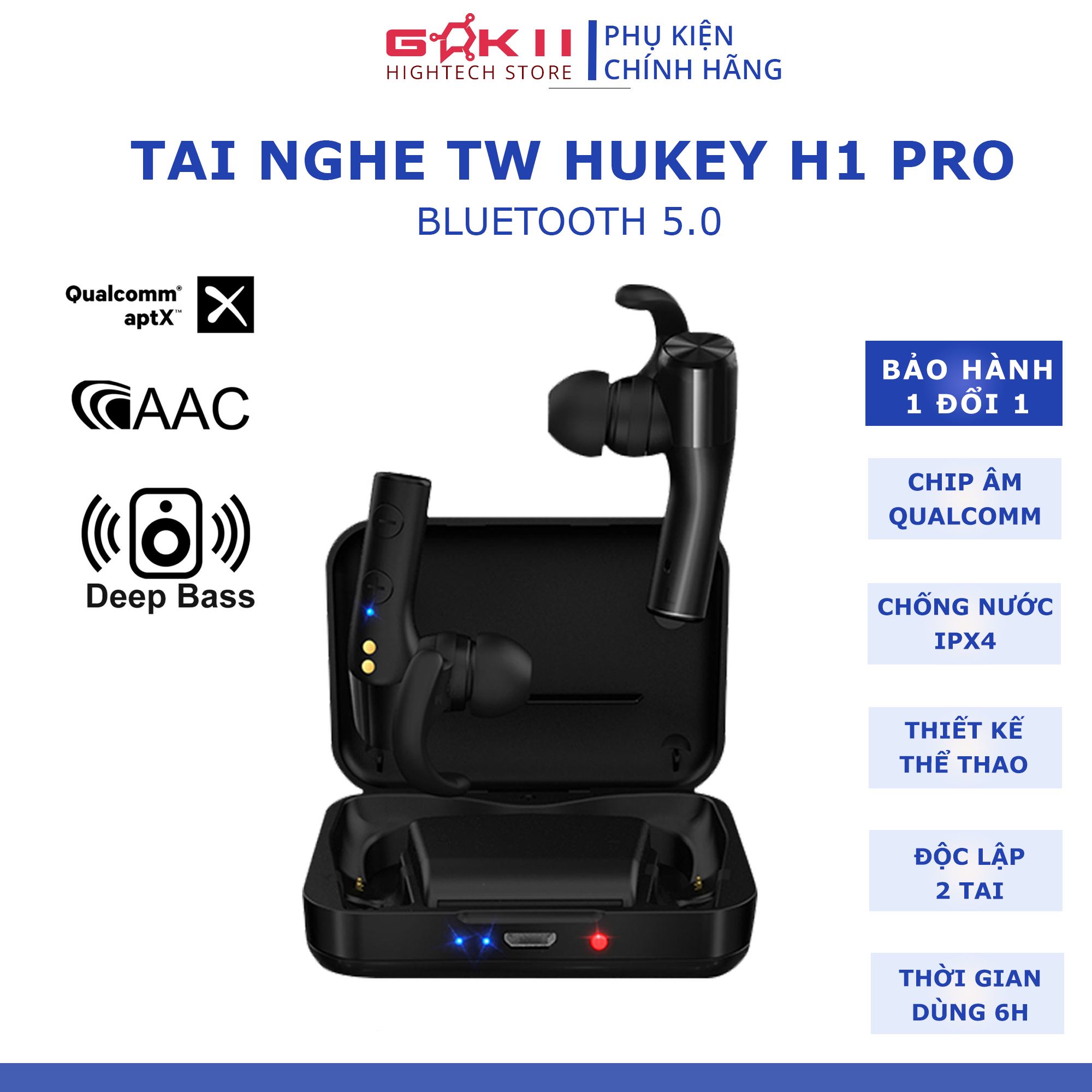 [HCM]Tai nghe không dây nhét tai bluetooth true wireless HUKEY H1 Pro không dây hoàn toàn - âm thanh cực hay - Bass mạnh - Chip qualcomm APTX- đối thủ SABBAT ULTRA