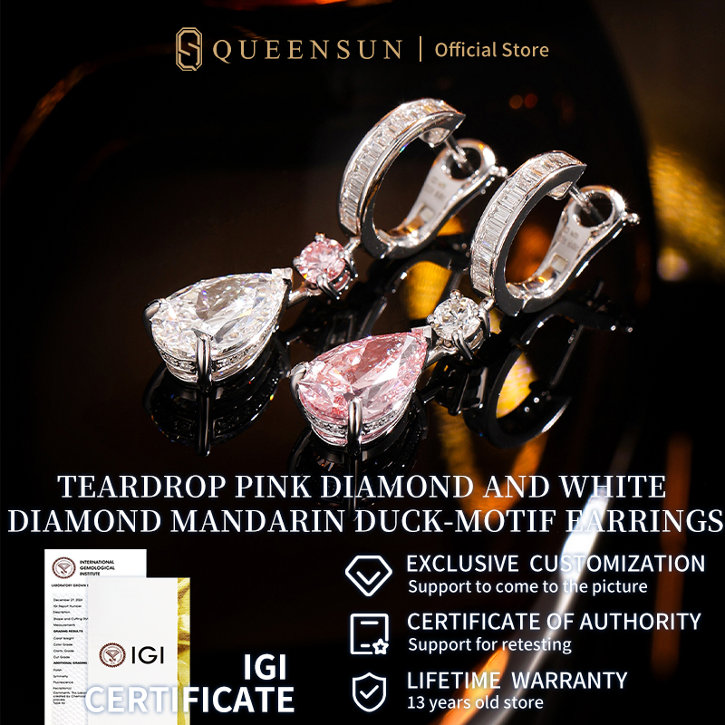 Queensun 18K gold lab diamond mandarin duck earrings, water droplet tassel earrings, pink diamond contrasting earrings for women鸳鸯水滴钻石耳钉钻石耳坠for women gift women stud earring