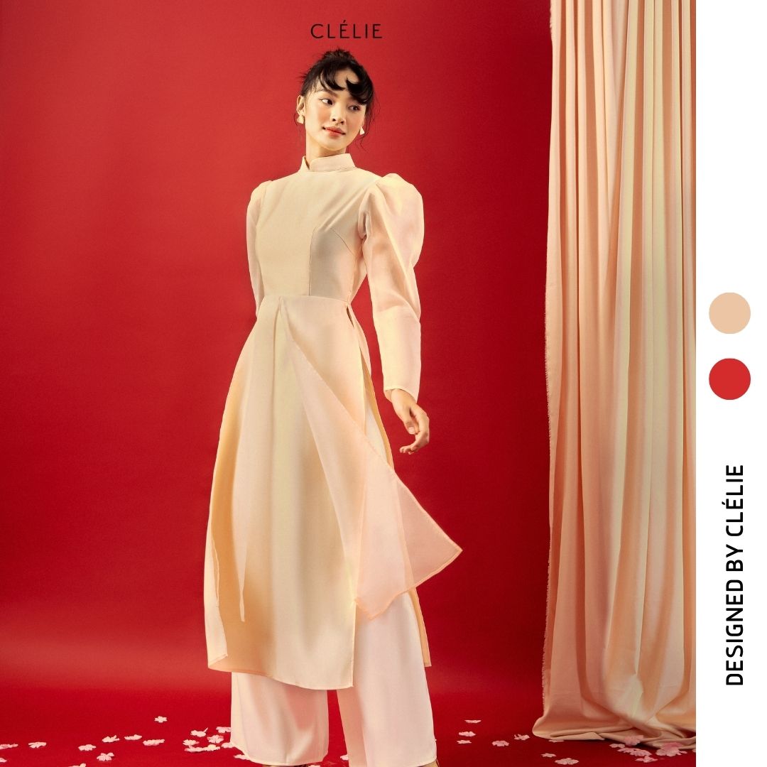 Clélie - áo dài yên yên | áo dài dài tay cổ cao họa tiết trơn