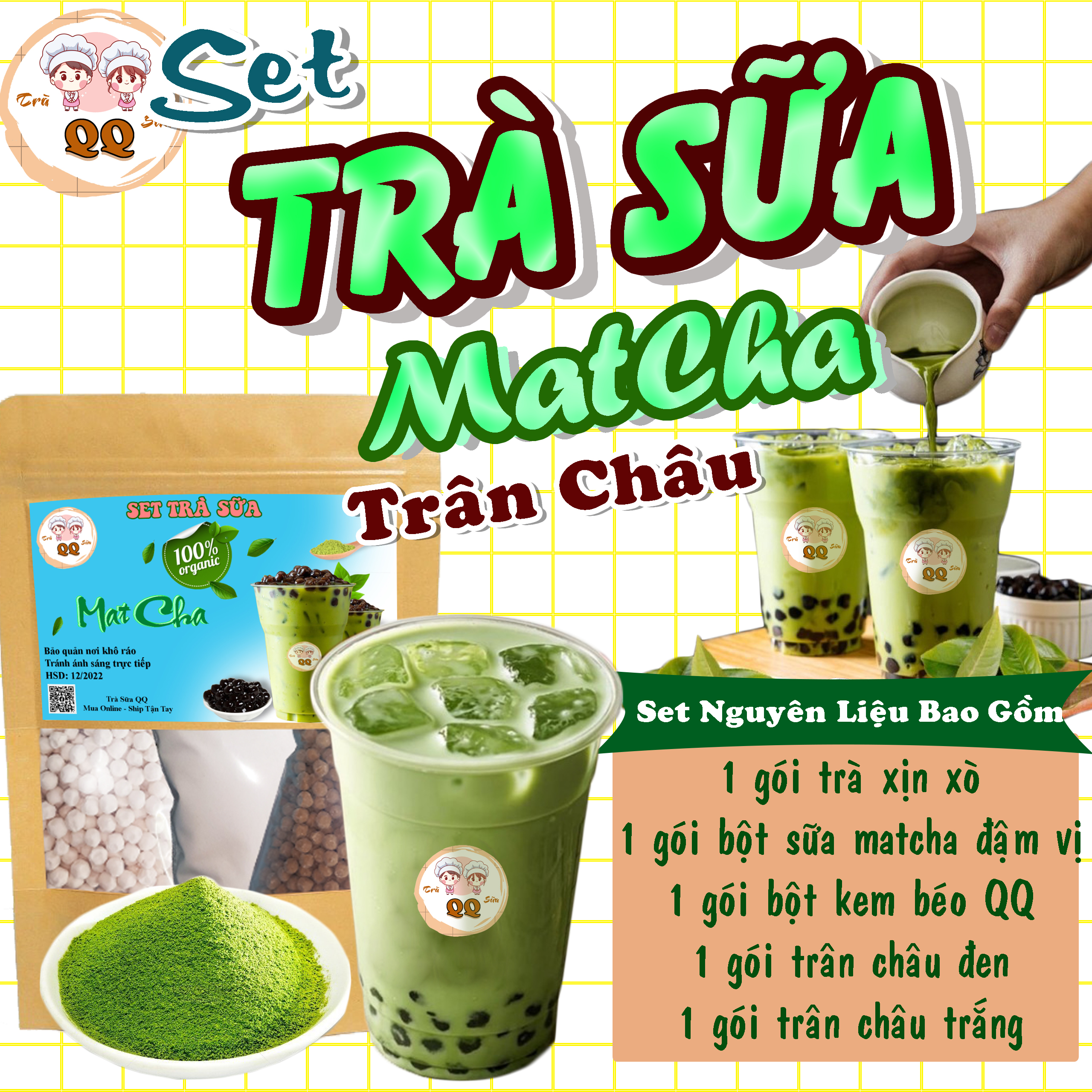 SET TRÀ SỮA MATCHA TRÂN CHÂU 4-5 LÍT KÈM CÔNG THỨC CHUẨN VỊ - TRÀ SỮA MATCHA QQ