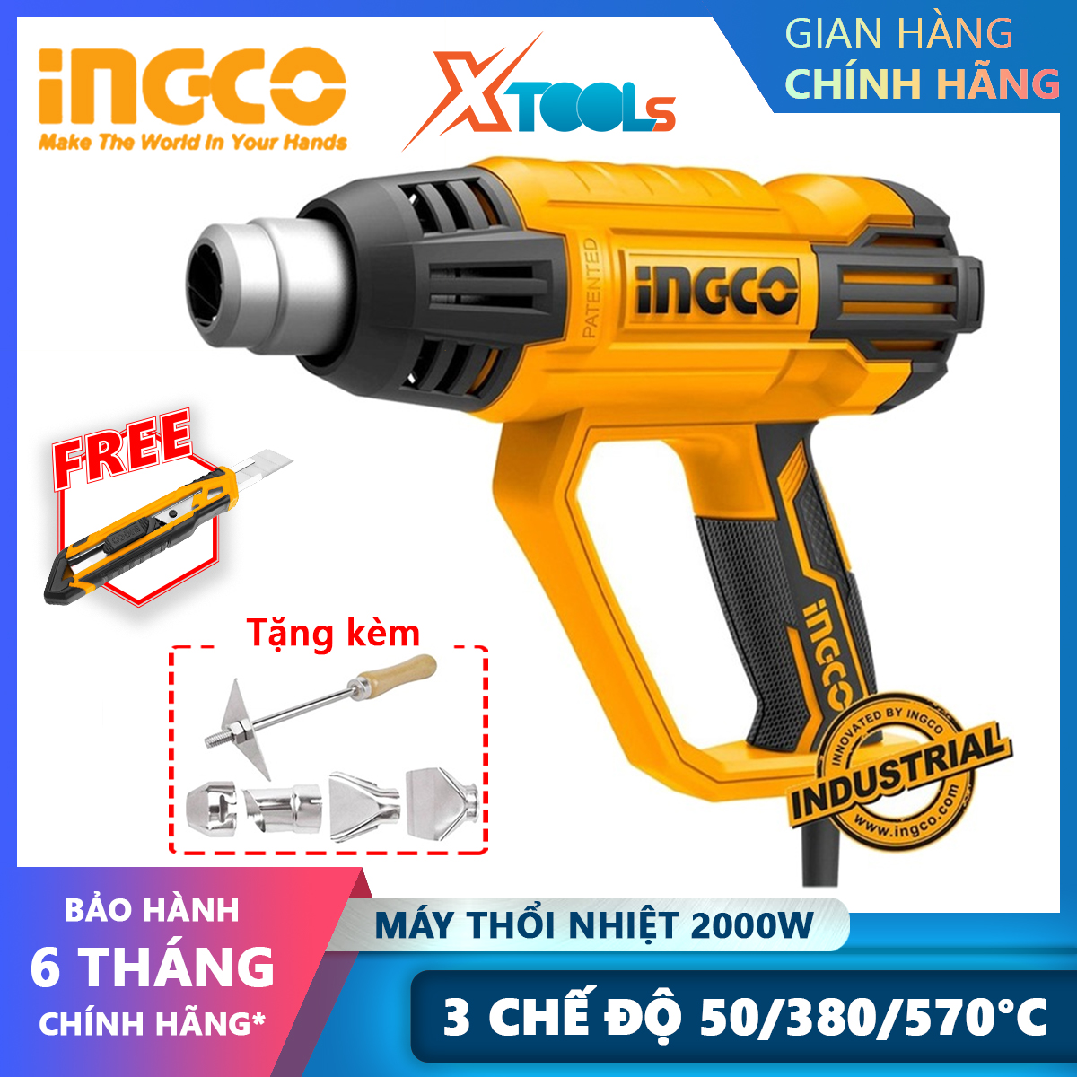 Máy thổi hơi nóng INGCO HG200028 công suất 2000W máy khò nhiệt máy kèm theo 1 cây nạo/cào và 4 miệng vòi dán film màng co... XTOOLs