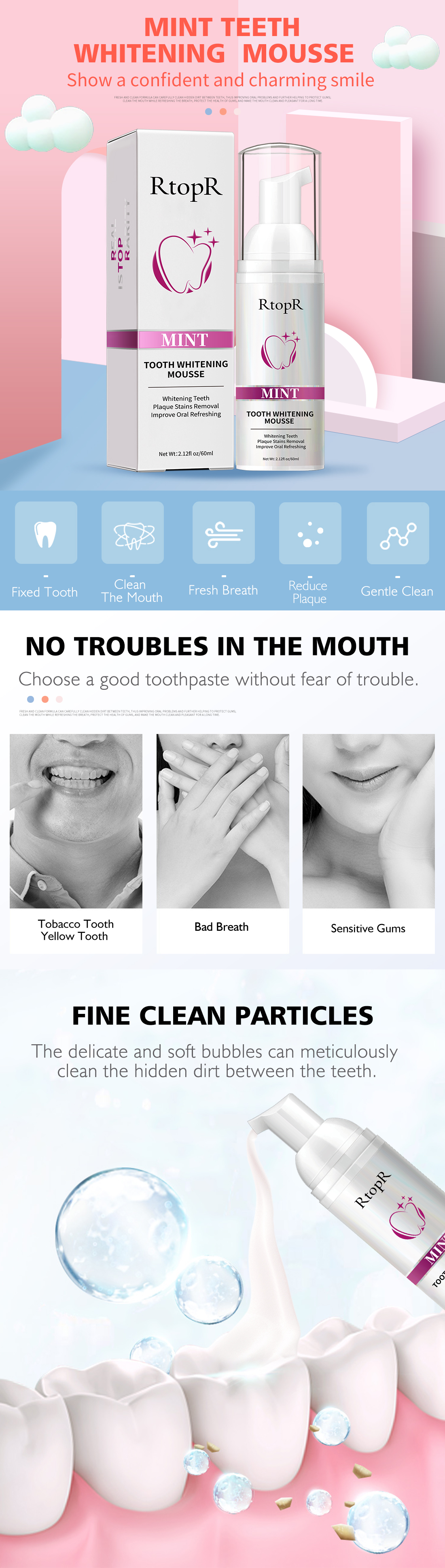 RtopR Bọt đánh răng chuyên làm trắng và loại bỏ các mảng bám vết bẩn trên răng kem đánh răng kem đánh trắng răng Tẩy Trắng Làm Sạch Răng Khử Mùi Hôi Miệng - INTL