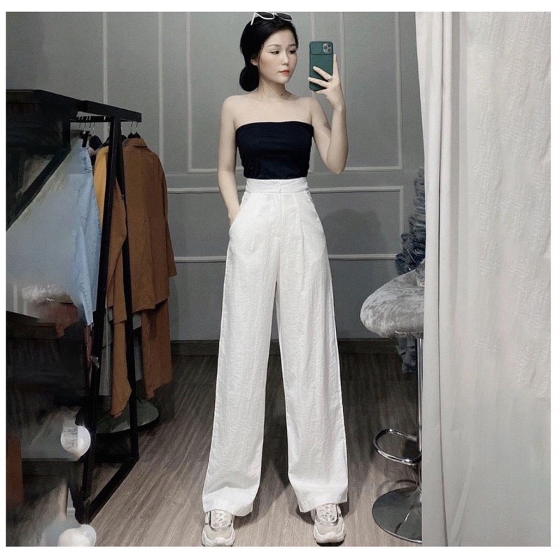 Quần suông ống rộng lưng cao dài 100cm, cạp chun sau, vải đũi xước