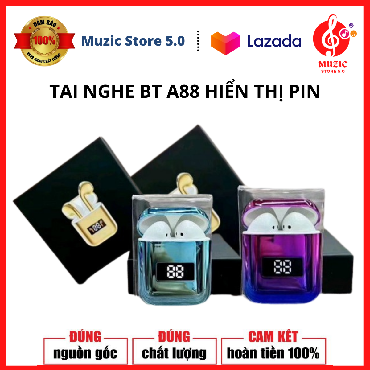 Tai nghe bluetooth không dây nhét tai a88 - tai nghe bt a88 hiển thị pin tai nghe a88 có led phiên bản nhiều màu - chất lượng cực tốt âm thanh mạnh mẽ bass mạnh kết nối mọi điện thoại