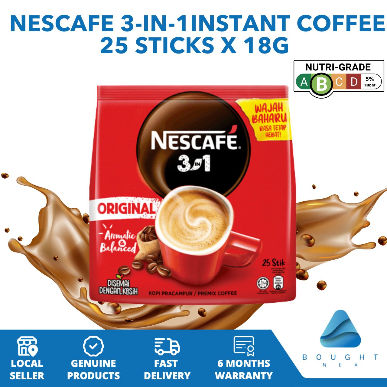 NESCAFE 3-in-1 Original Premix Coffee 450g (25 Sticks X 18g) Aromatic &  Balance