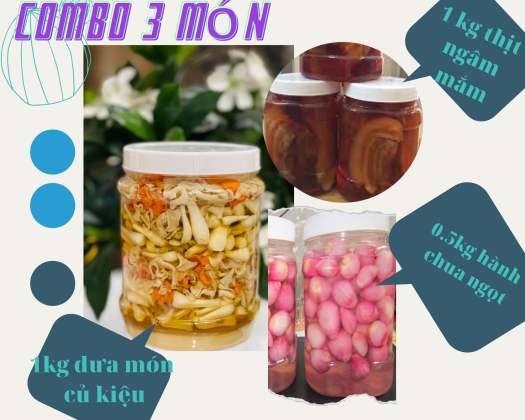 Dưa món củ kiệu 1kg, hành tím muối chua ngọt 500g và thịt ngâm mắm 1kg