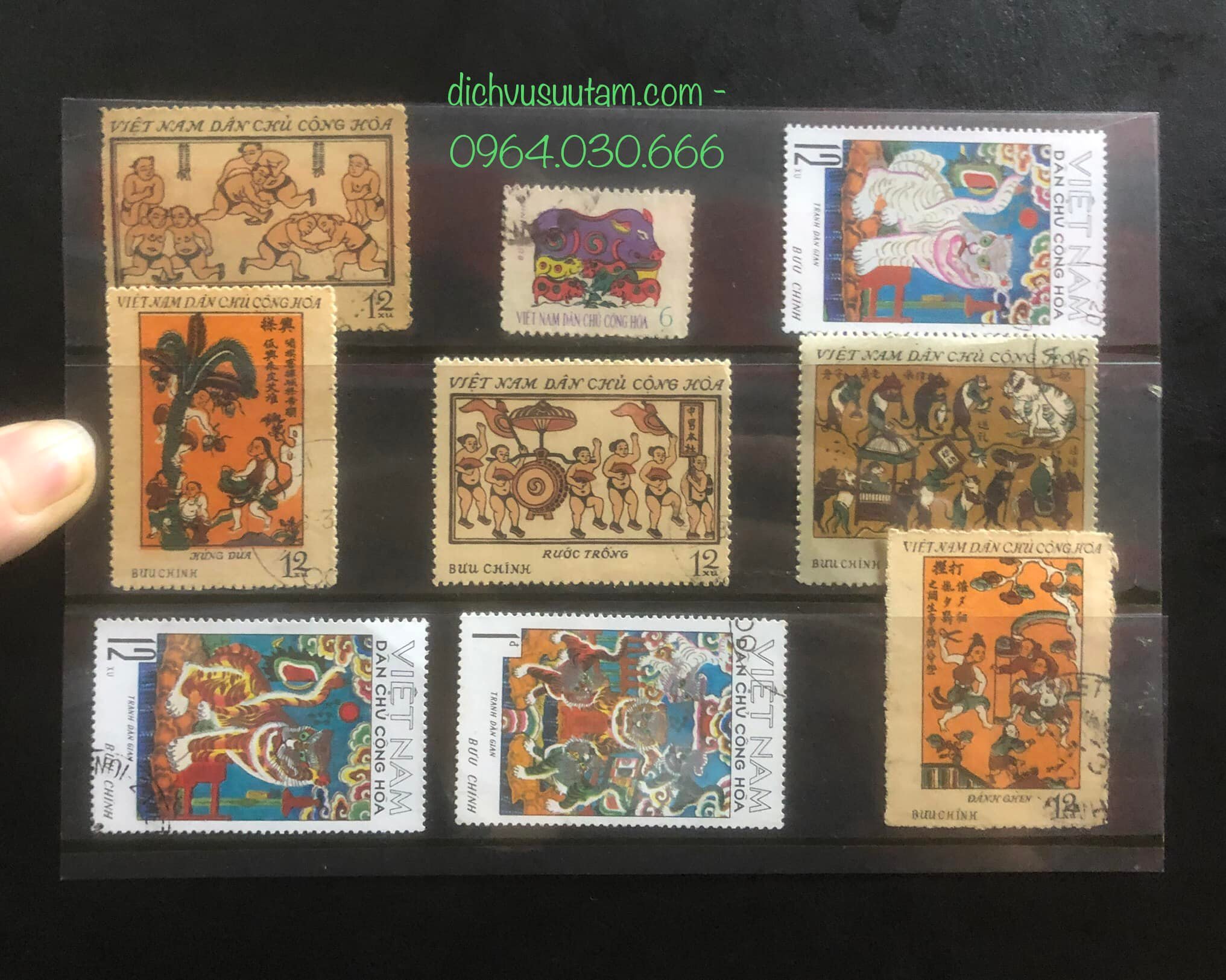Bìa tem chủ đề tranh dân gian 9 tem VNDCCH khác nhau