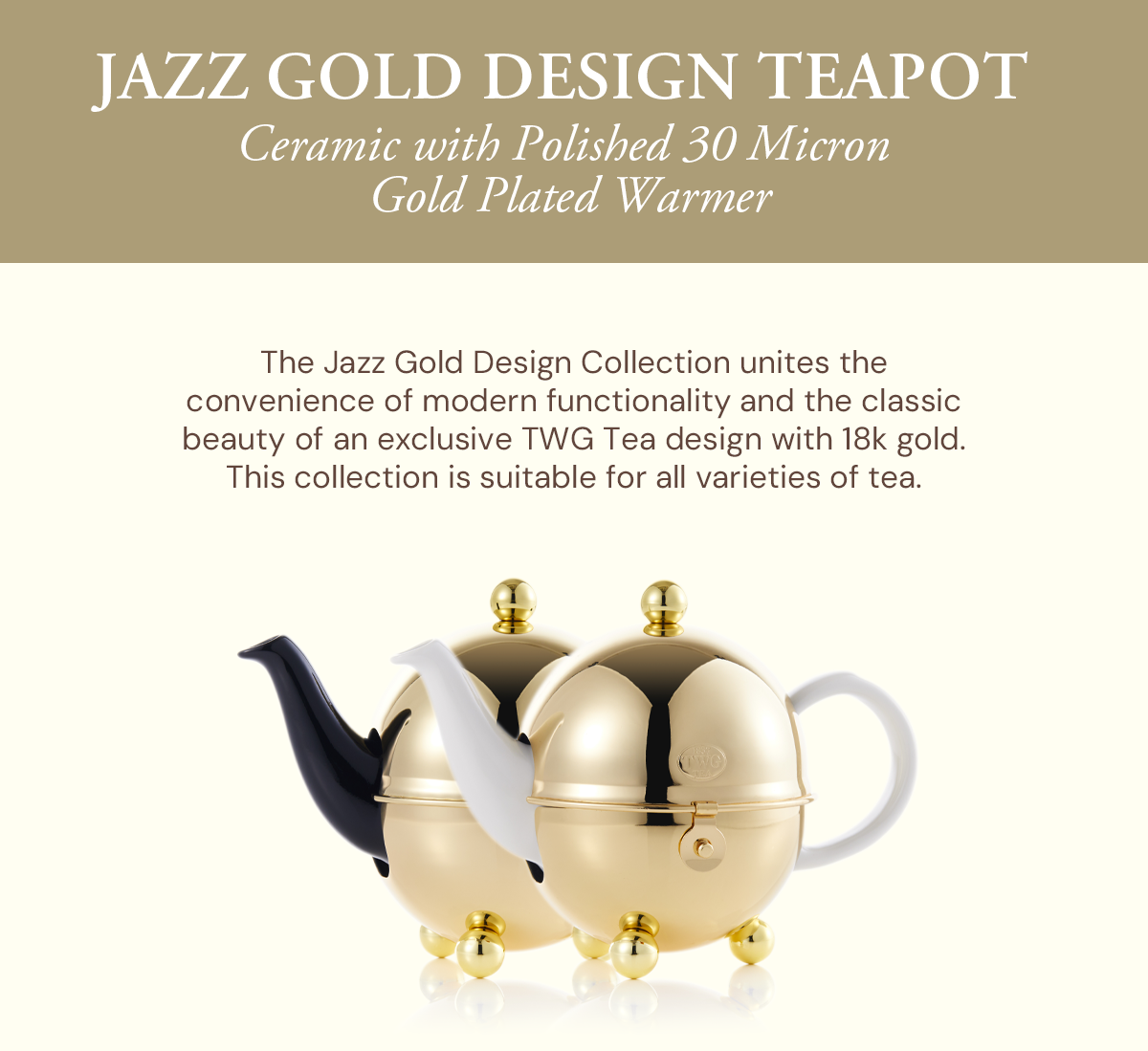 TWG Tea | Jazz Gold Design Teapot in Black Ceramic with Polished 