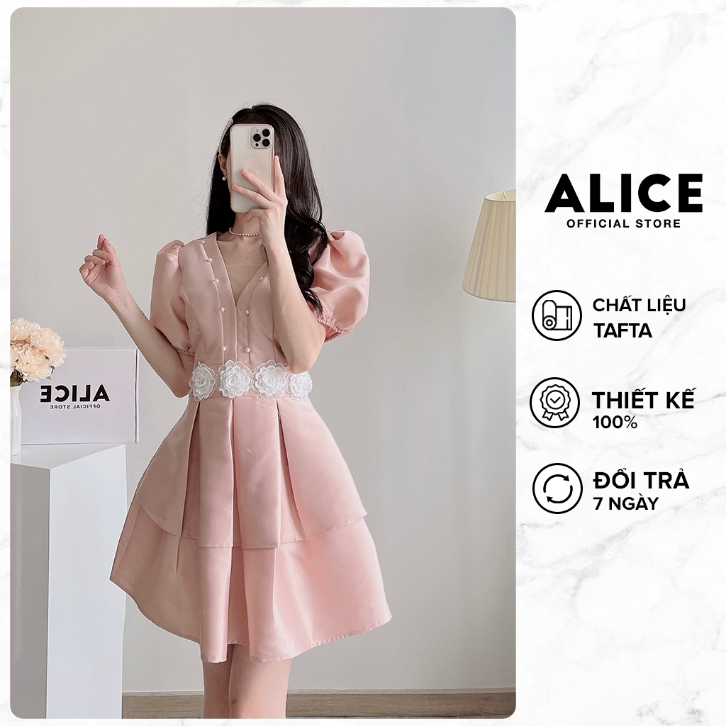 Váy Tiểu Thư Dáng Xòe ALICE Chất Liệu Tafta Cao Cấp, Thiết Kế Tay Bồng Đính Hoa Cách Điều V795