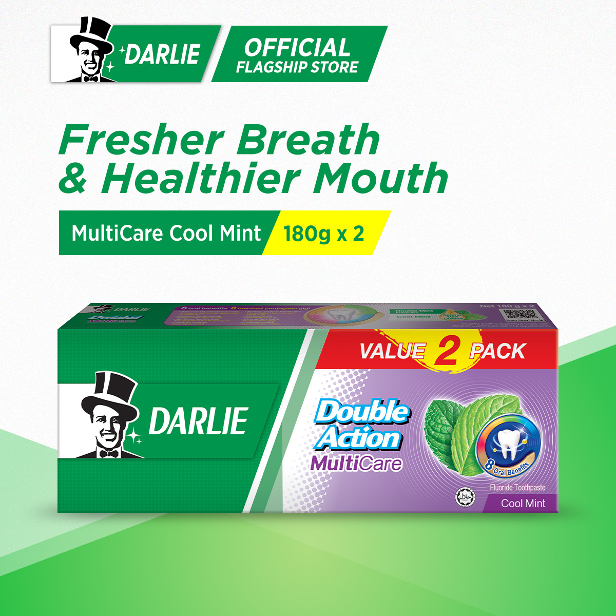 Darlie Double Action Multicare Toothpaste Cool Mint 180g x 2 (Value Pack)