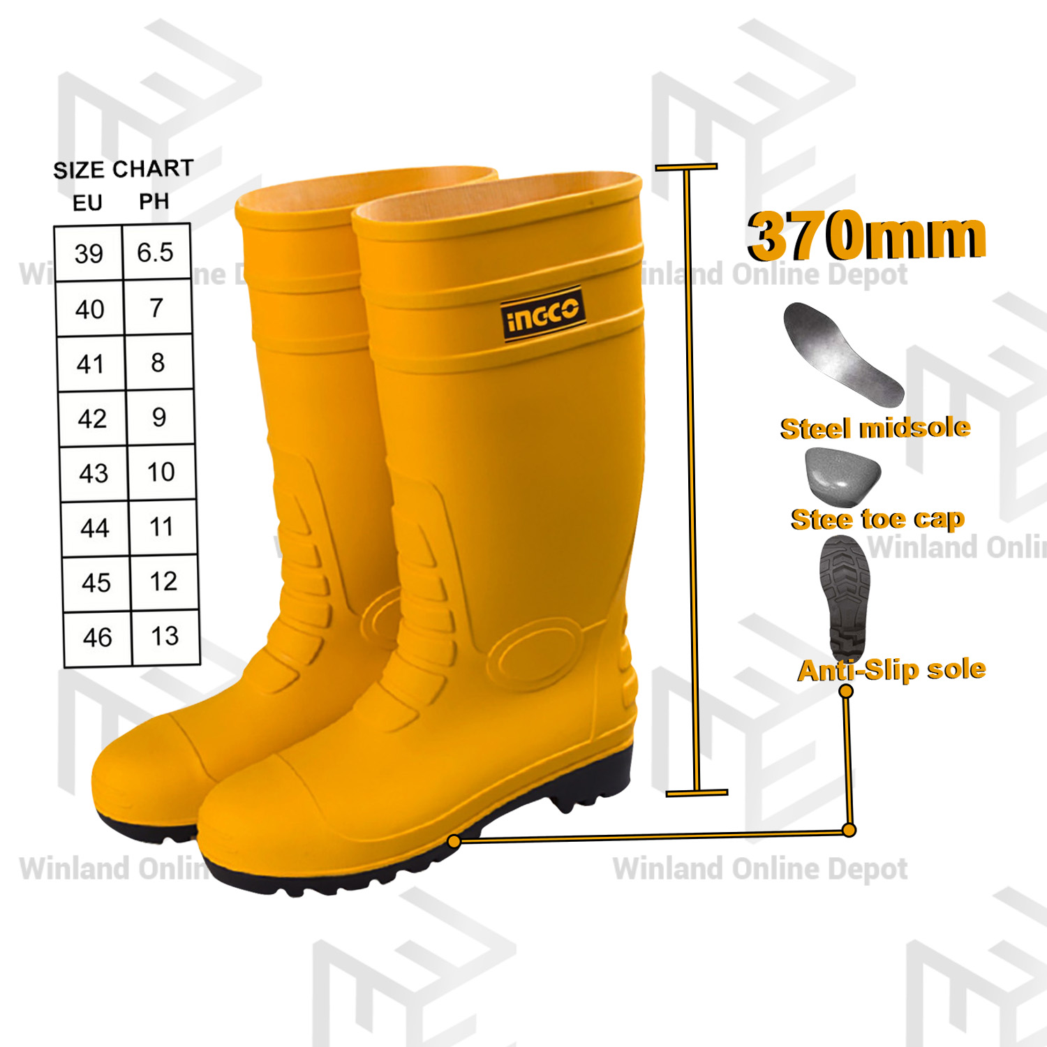 Ingco by Winland Safety Boots 100% New Zinc PVC with Anti-Slip 