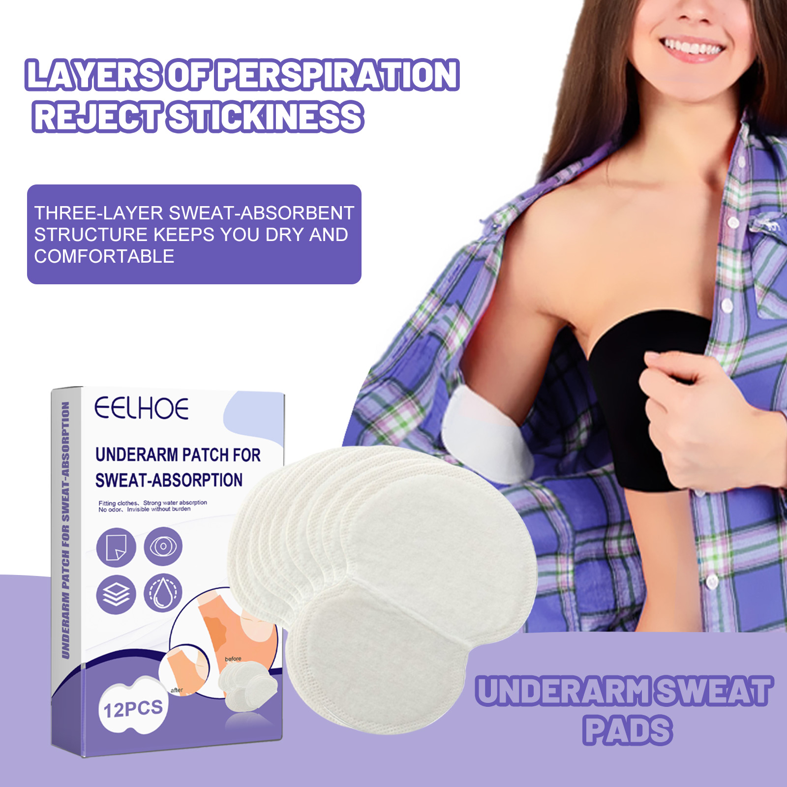 Gambar Eelhoe Underarm Sweat Pad Absorb Liners Underarm Gasket From Sweat Armpit Stickers Lightweight Breathable Durable Armpit Sweat Perspiration Pads Summer Antiperspirant Anti Sweat Patch?12pcs box?