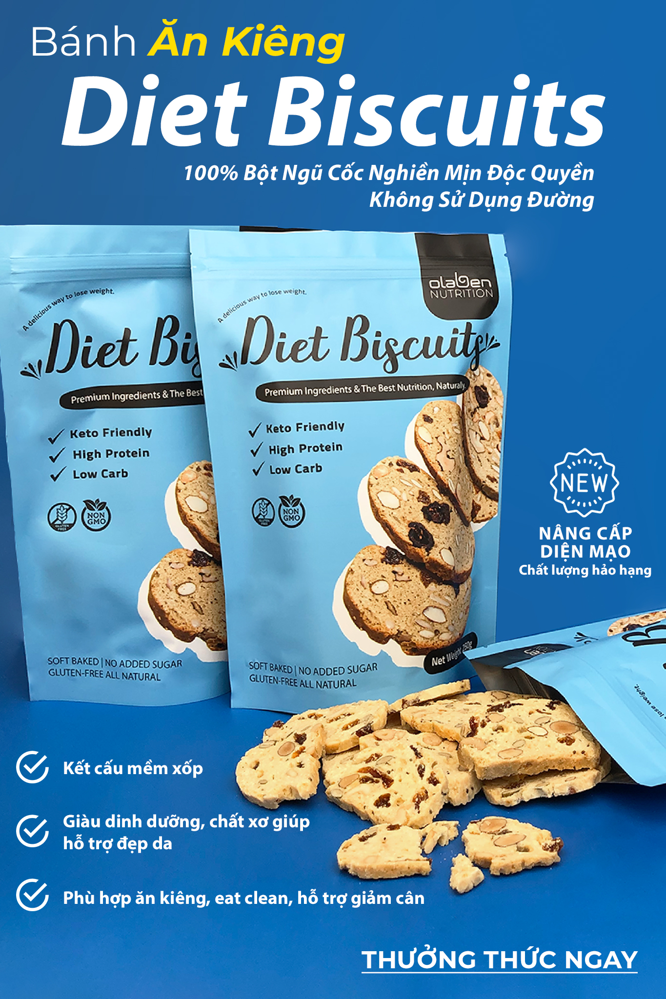 Bánh DIET BISCUTIS ăn kiêng hỗ trợ giảm cân - giàu dinh dưỡng, chuẩn healthy 250g Olaben Nutrition