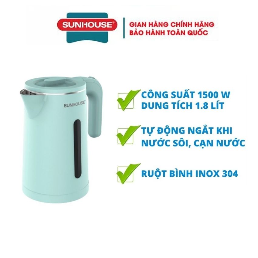 Ấm đun nước siêu tốc SUNHOUSE 1.8 Lít nhiều kiểu dáng bình đun nước siêu tốc Tự động tắt khi sôi hoặc trào nước trong lúc đun an toàn với sức khoẻ