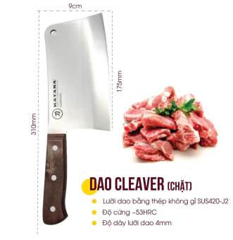 Dao chặt KATANA Cleaver - Dao làm bếp cao cấp thương hiệu KATANA KATA205 - Dao chặt thịt, dao chặt xương 175mm - Cán gỗ pakka - Thép không gỉ 57HRC - Bảo hành 2 năm
