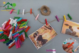 Bộ 100-200 Kẹp Gỗ Mini Treo Hình Ảnh Nhiều Màu Size 0.3x3cm + Tặng 2m Dây Thừng