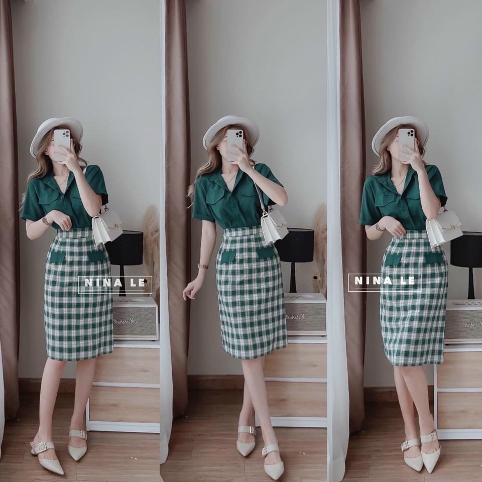 [New Sales 2024] Set Váy Áo Sơ Mi Xanh Lụa Tay Ngắn Mix Chân Váy Bố Kate Thích Hợp Cho Nàng Công Sở