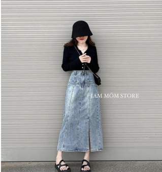 chân váy bò chữ A - chân váy jean chữ a sẻ cạnh 2 túi lưng cao siêu hot