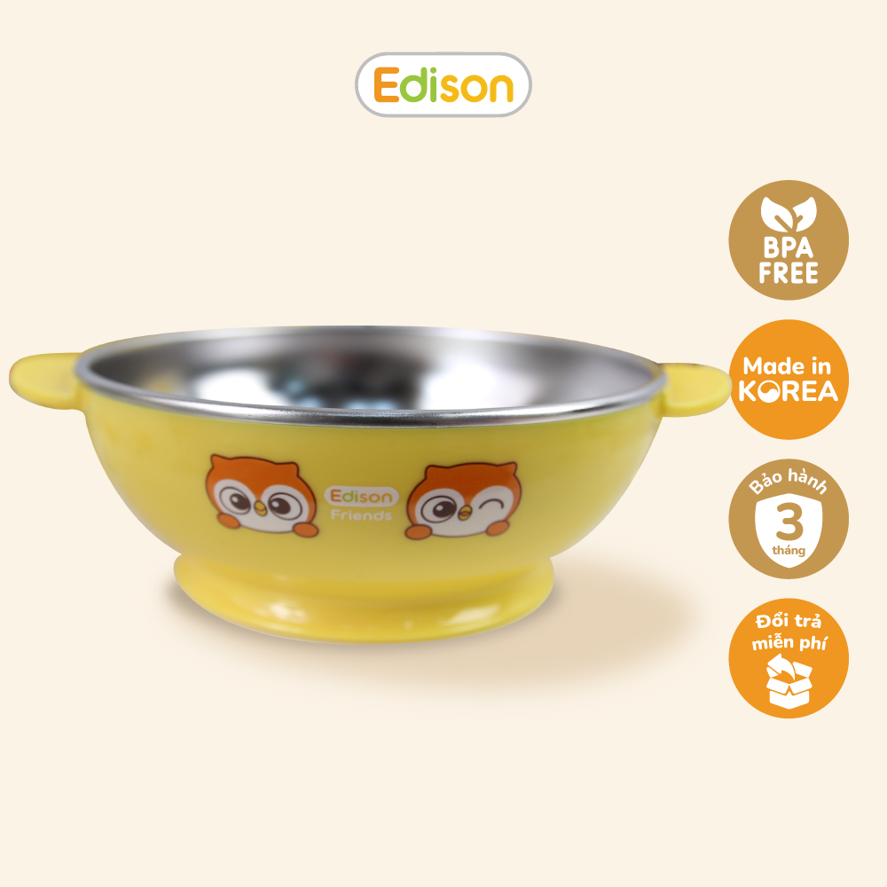Bát ăn dặm inox 2 lớp giữ nhiệt Hàn Quốc có đế silicon chống trượt size to Edison 6636 hình Cú Mèo