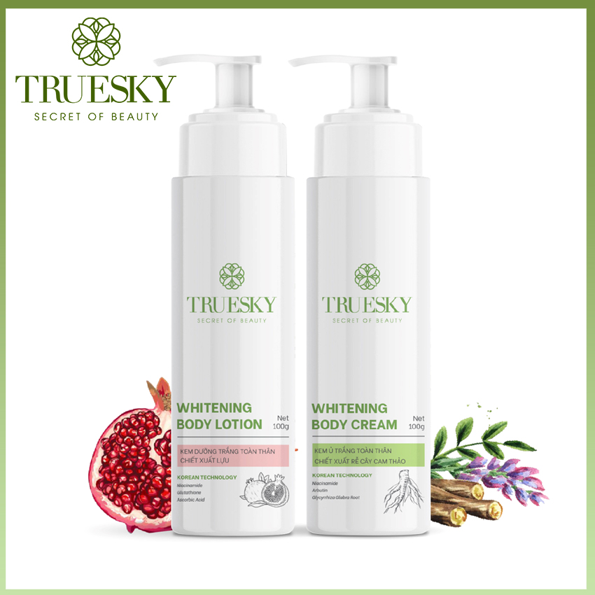 Bộ tắm trắng toàn thân Truesky gồm 1 kem ủ trắng toàn thân 100g và 1 kem dưỡng trắng toàn thân 100g