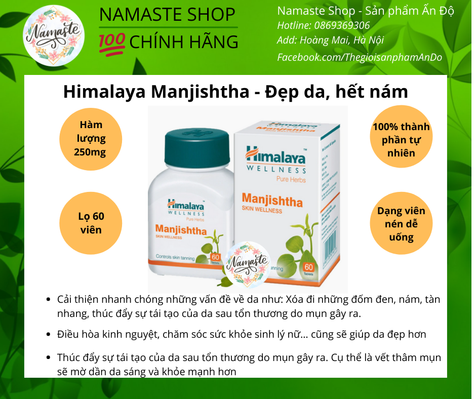 Himalaya Manjishtha - Viên uống làm giảm thâm nám, đẹp da, ngăn ngừa mụn