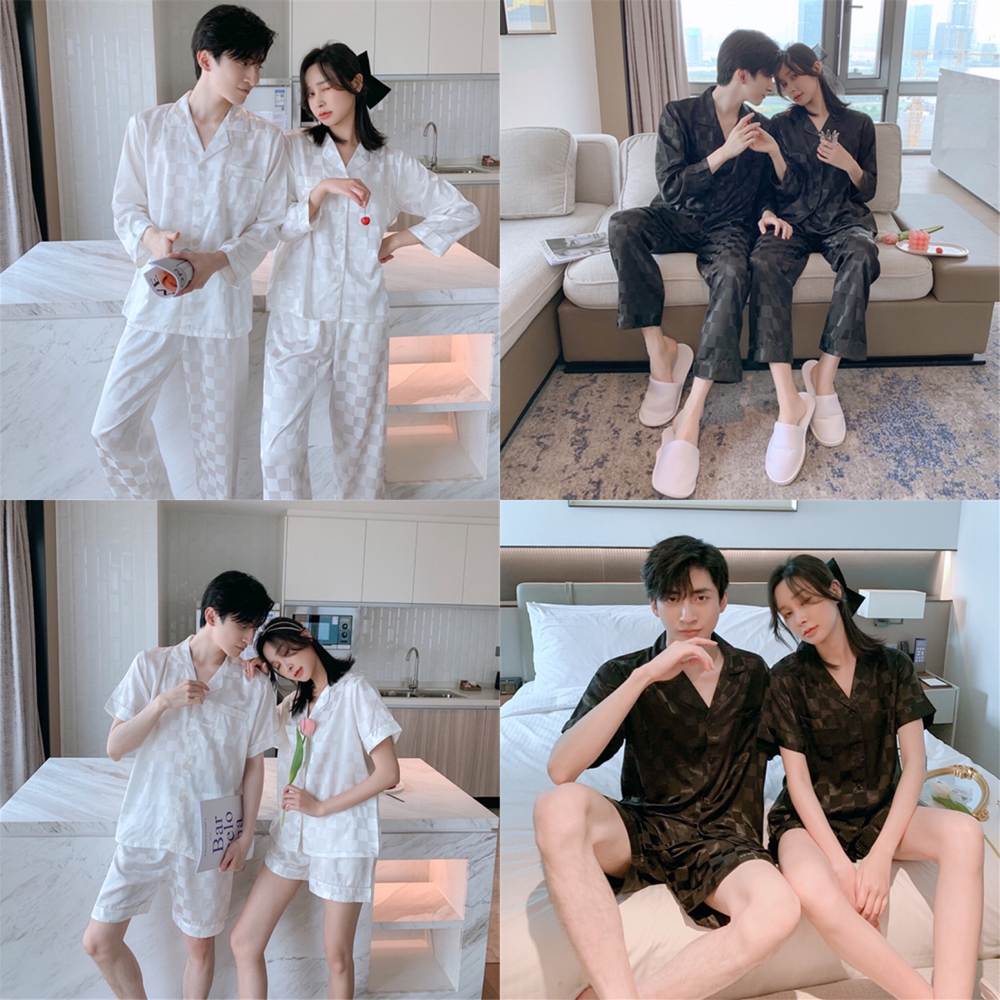 Bộ Pyjama nam nữ mặc nhà chất lụa bóng - Đồ ngủ đôi - Qùa cưới ý nghĩa