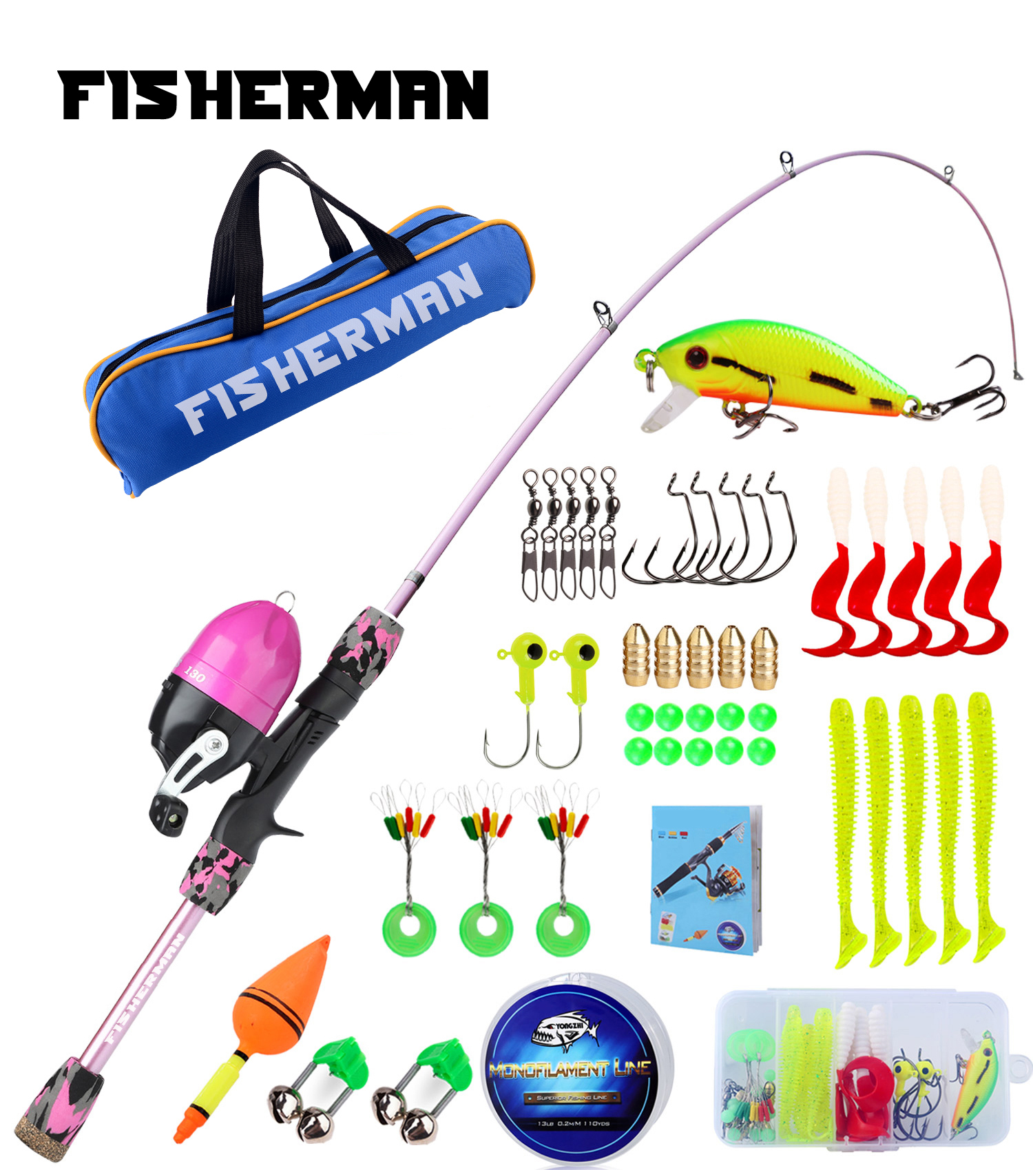 Fisherman 1.8m Fishing Rod and Reel Combo Kit Spinning Fishing Reel and Spinning  Rods Fishing Line Lure Bag Hooks Full Set
