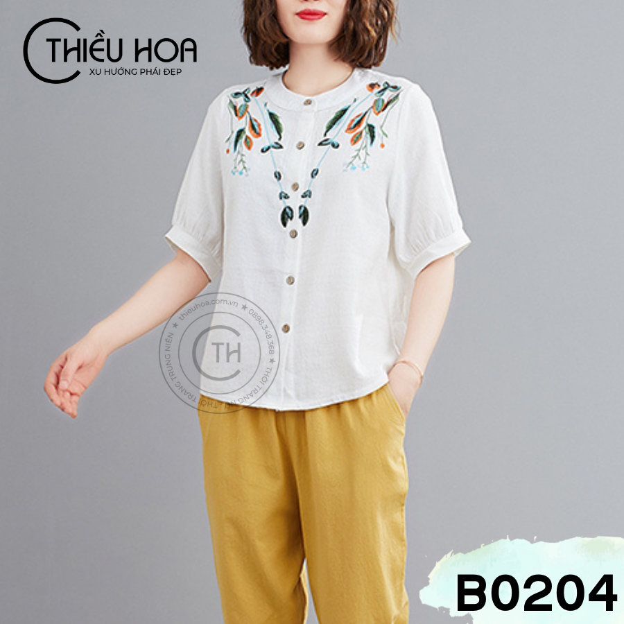 Áo thun trung niên chất liệu Linen có thêu hình tỉ mỉ sang trọng thương hiệu Thiều Hoa B0204